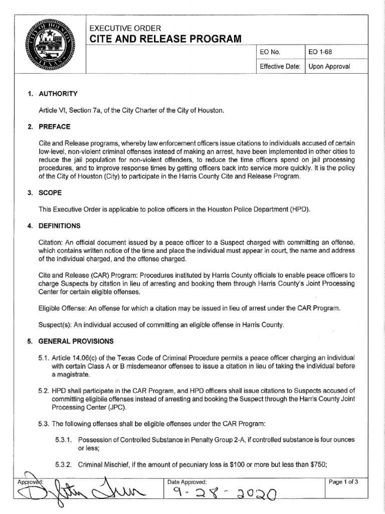 City Of Houston Executive Order Launching Cite And Release