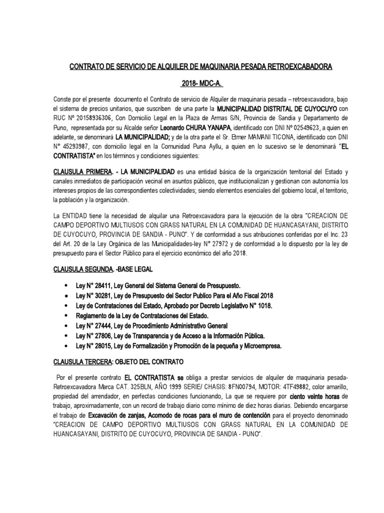 Contrato de Alquiler de Retroexcavadora | PDF | Gobierno local | Gobierno