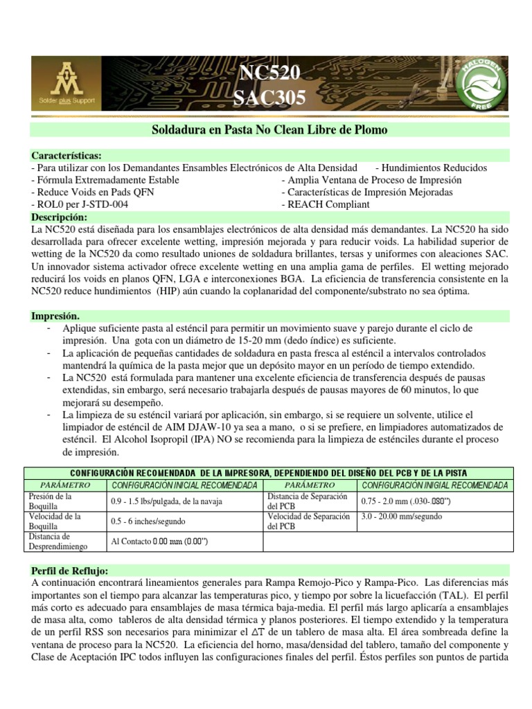 nc520 Sac305 Solder Paste Spanish Tds PDF PDF Placa de circuito