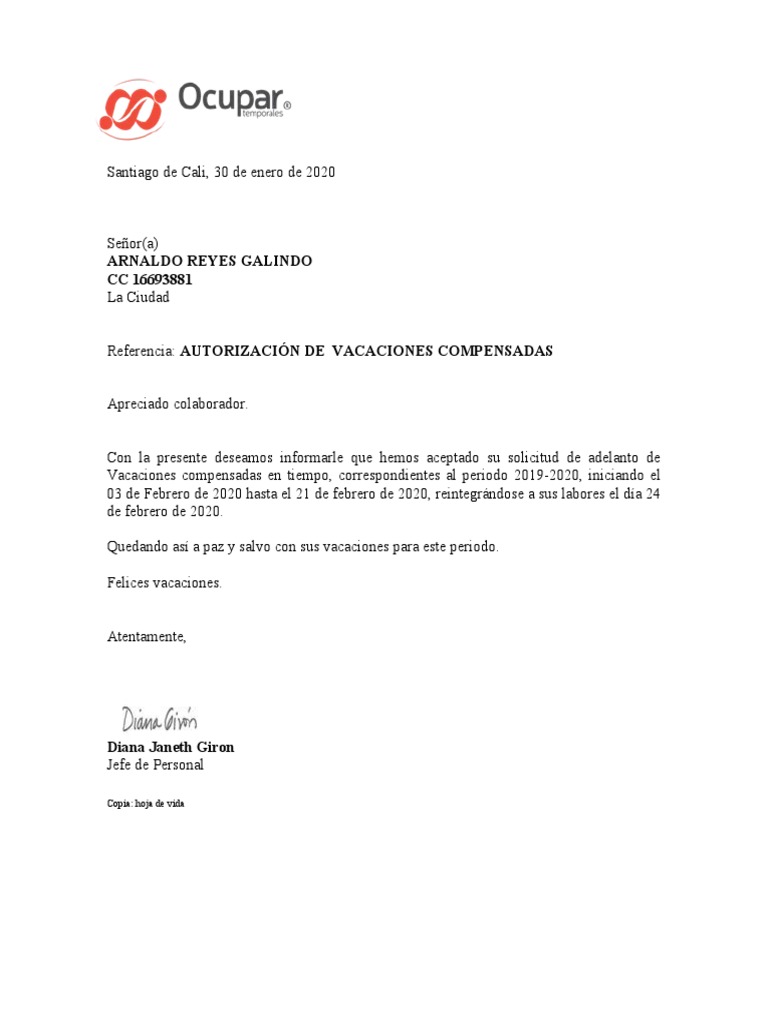 Carta Aceptacion Vacaciones Compensadas Pdf