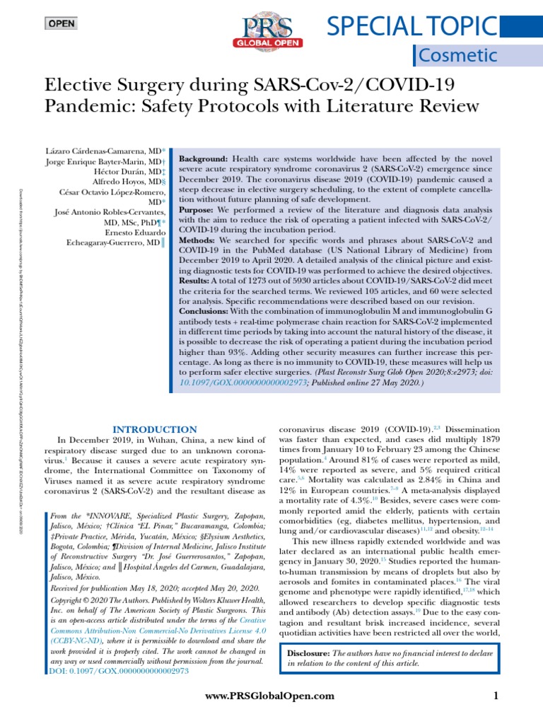 Elective Surgery During SARS-Cov-2/COVID-19 Pandemic: Safety Protocols ...