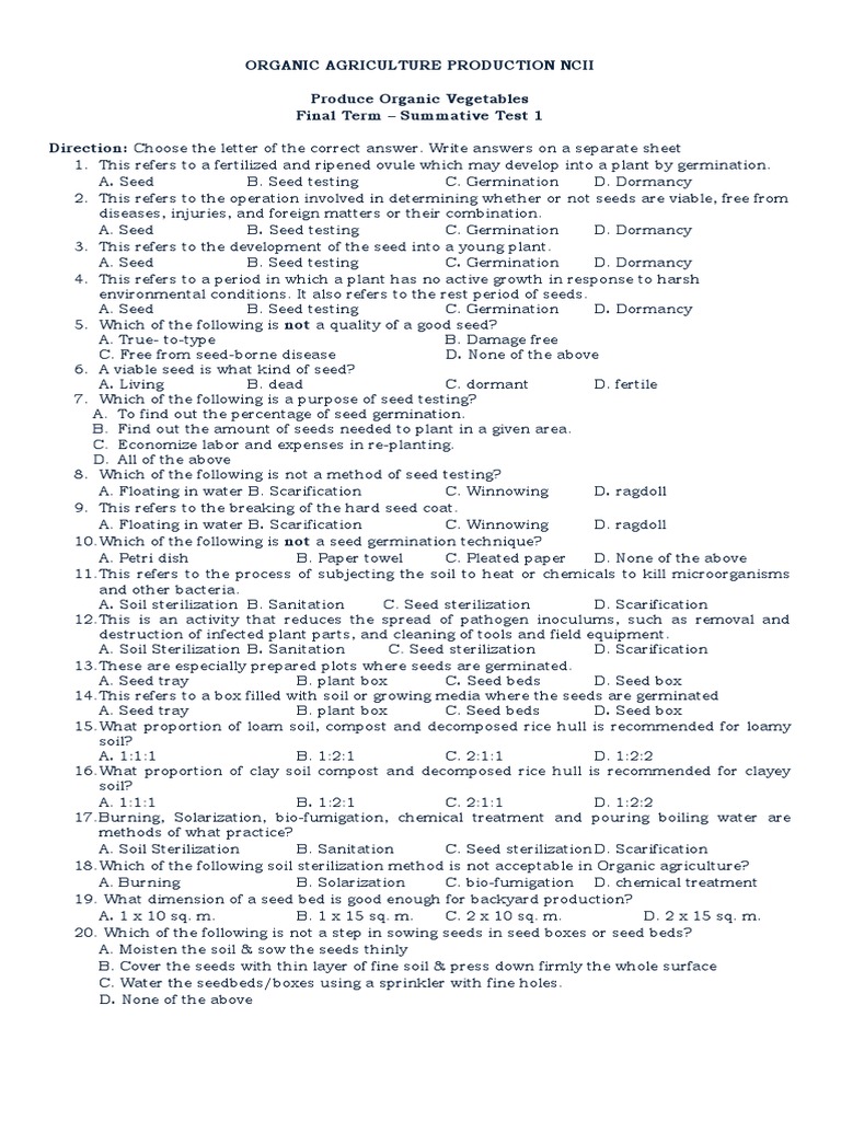 Organic Agriculture Production NC II Test | PDF | Seed | Germination