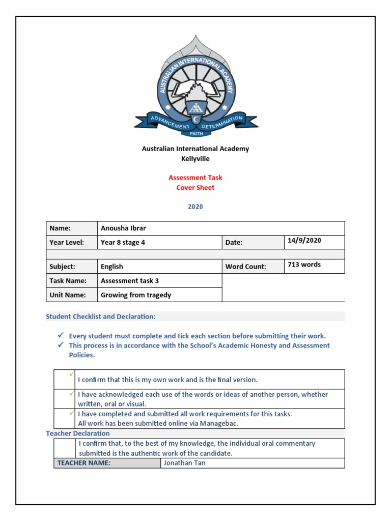 English Assessment Task Term 3 With Cover Sheet - Anousha | PDF ...