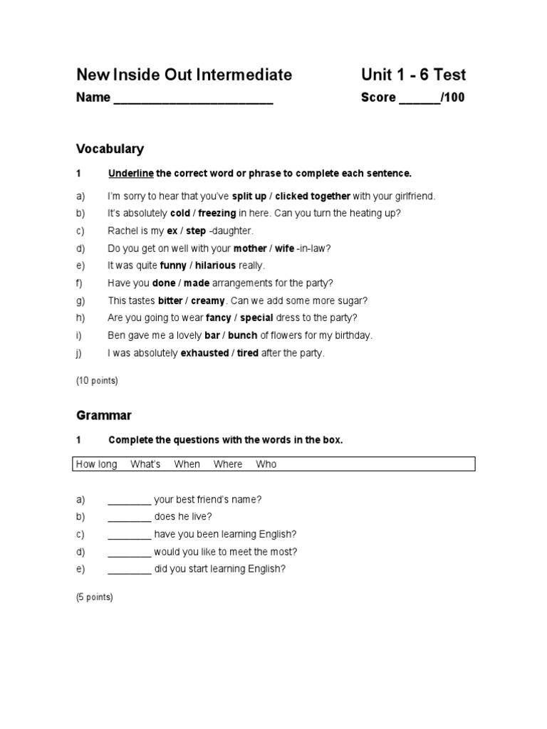 New Inside Out Intermediate Unit Tests | PDF | Language Mechanics ...