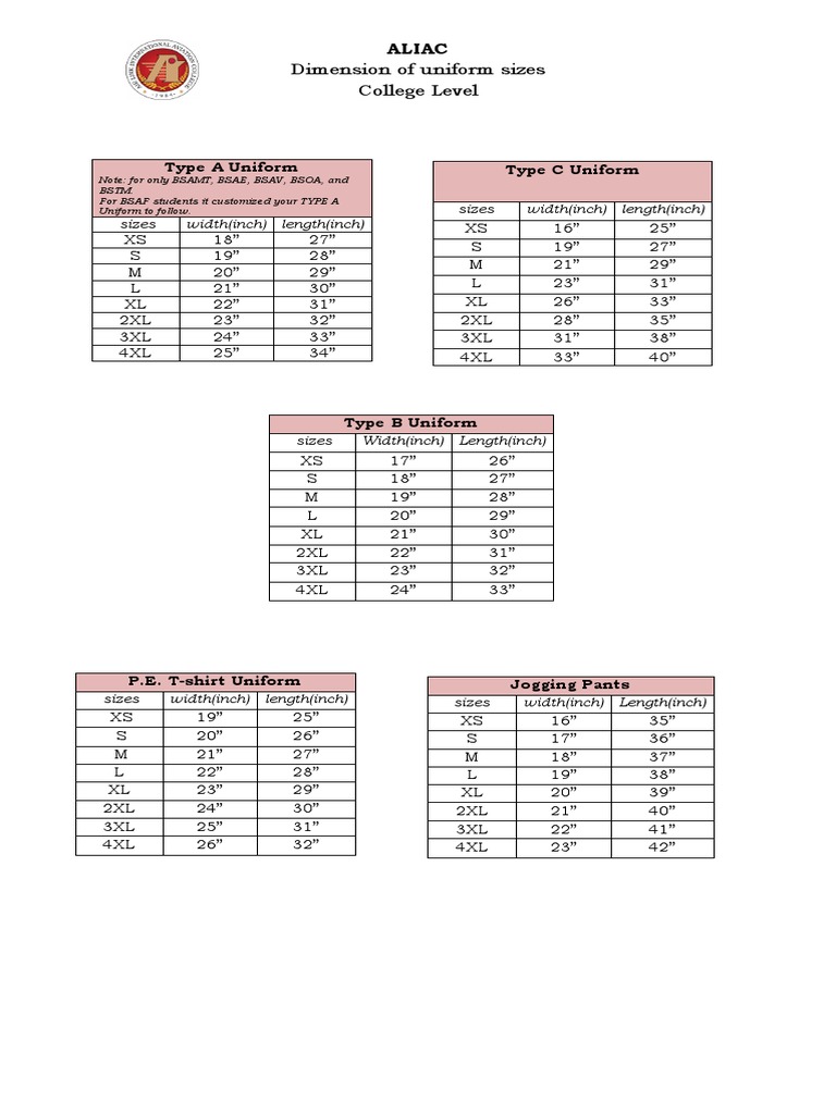 ALIAC Uniform Size Guide | PDF | Length | Teaching Mathematics