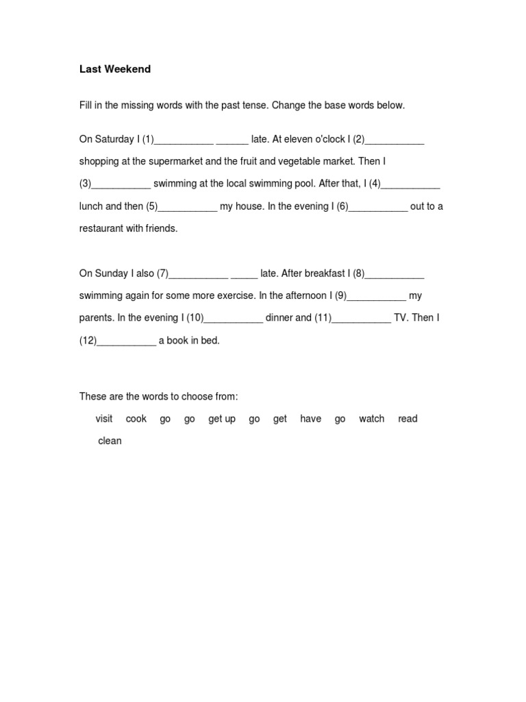 Past Tense Exercise: Last Weekend Activities | PDF | Cooking, Food ...