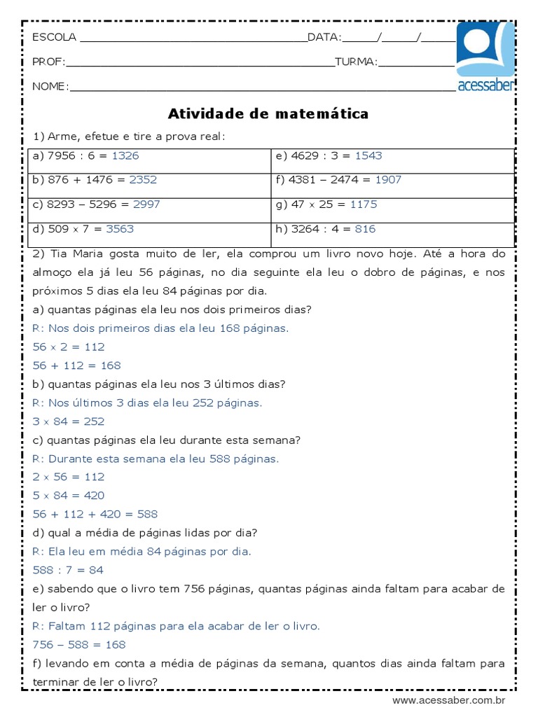 Avaliacao de Matematica 6 Ano - Respostas | PDF