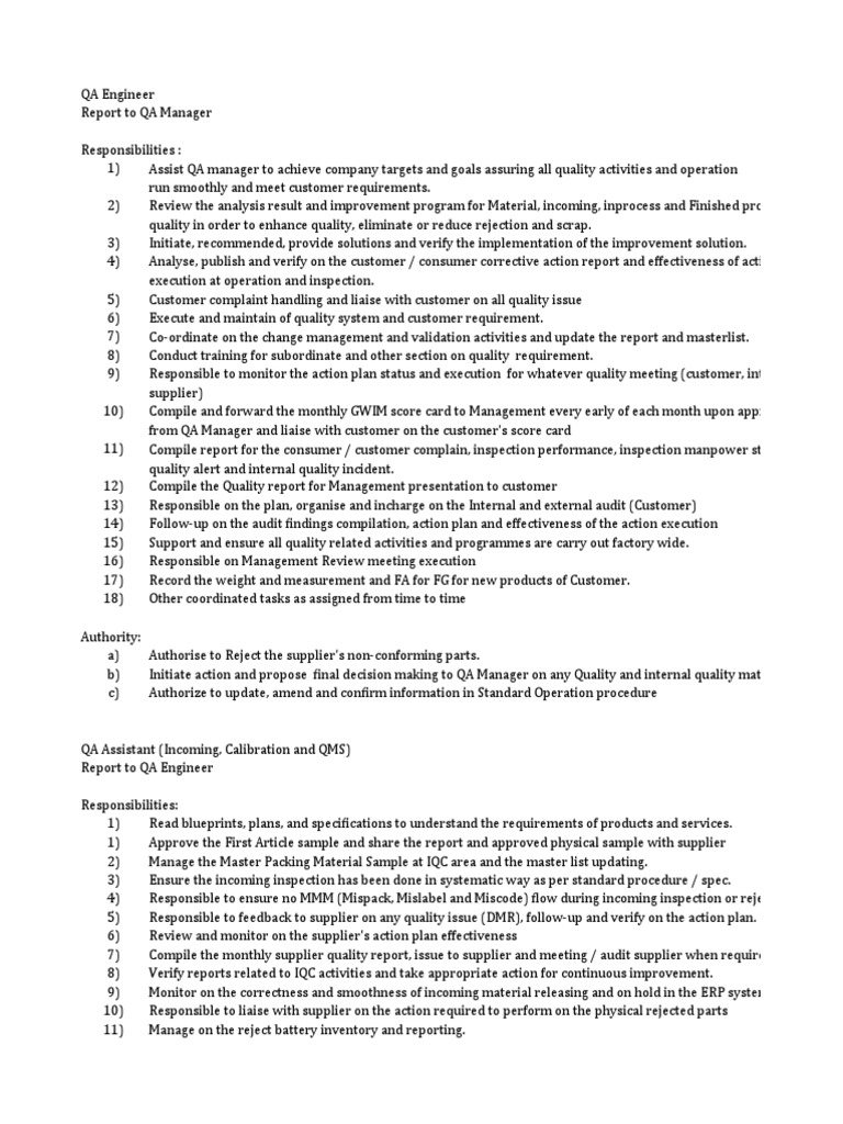 QA Roles and Responsibilities Overview | PDF | Quality Management ...