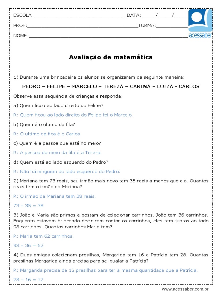 Atividade de Matemática 4° Ano Questões de Múltipla Escolha com gabarito -  Ponto do Conhecimento