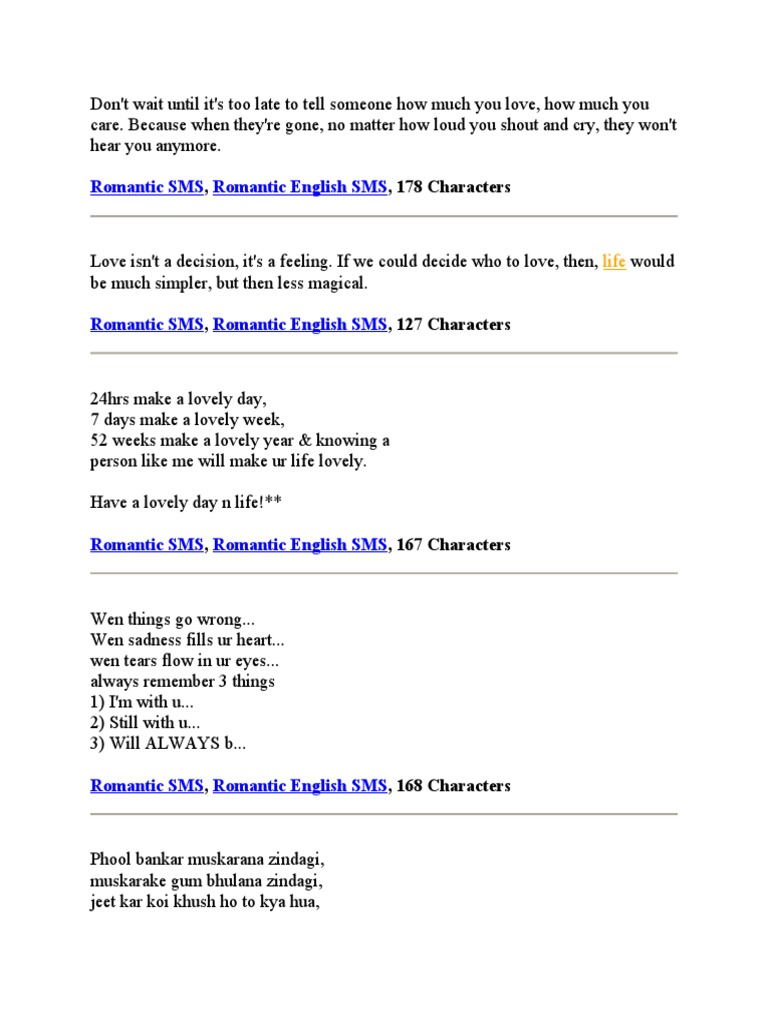 Romantic SMS Romantic English SMS:,, 178 Characters | PDF | Nature, image size:768x1024