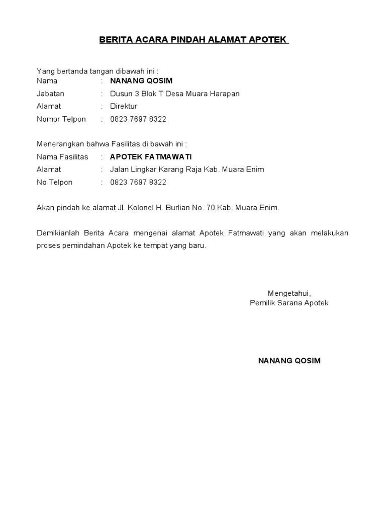 Berita Acara Pindah Alamat Apotek Fatmawati PDF