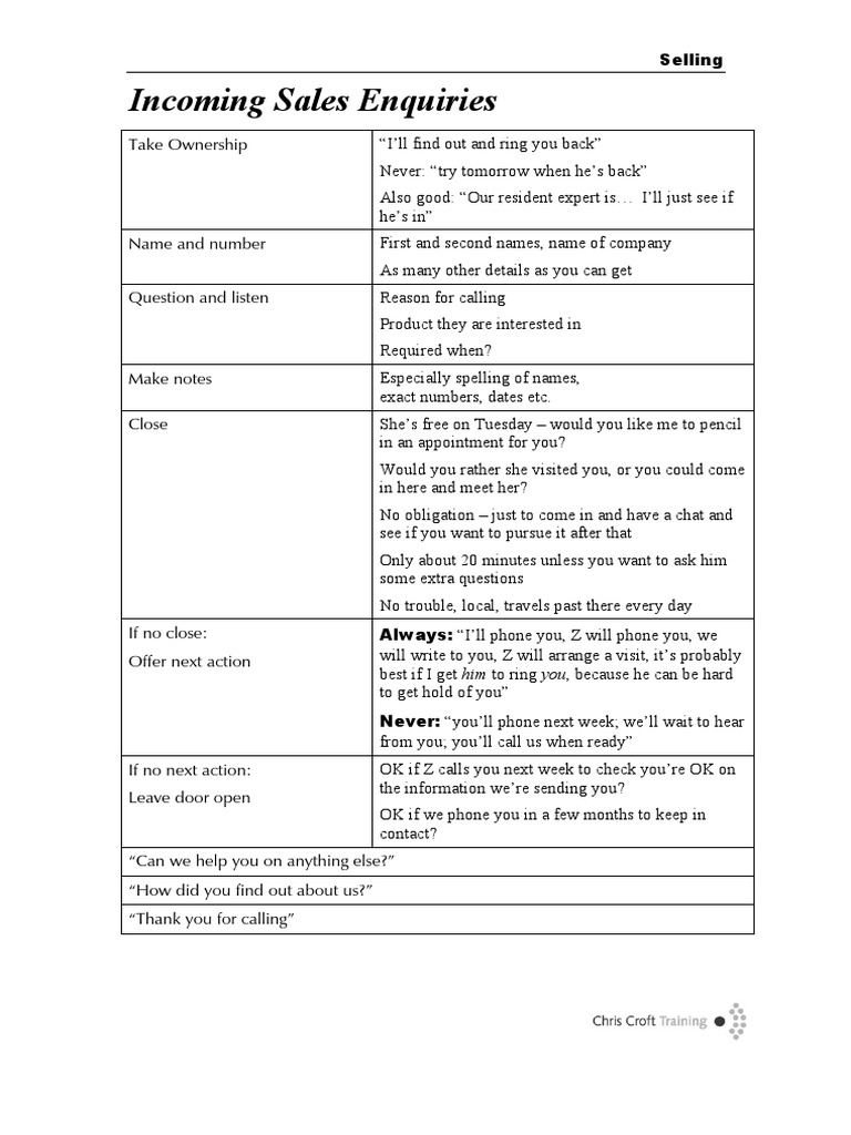 Effective Strategies for Handling Sales Inquiries | PDF