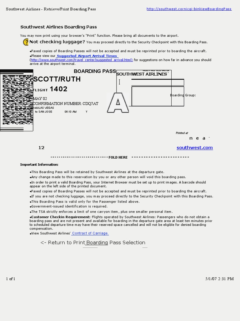Southwest Airlines Boarding Pass Southwest Airlines Print Receipt PDF