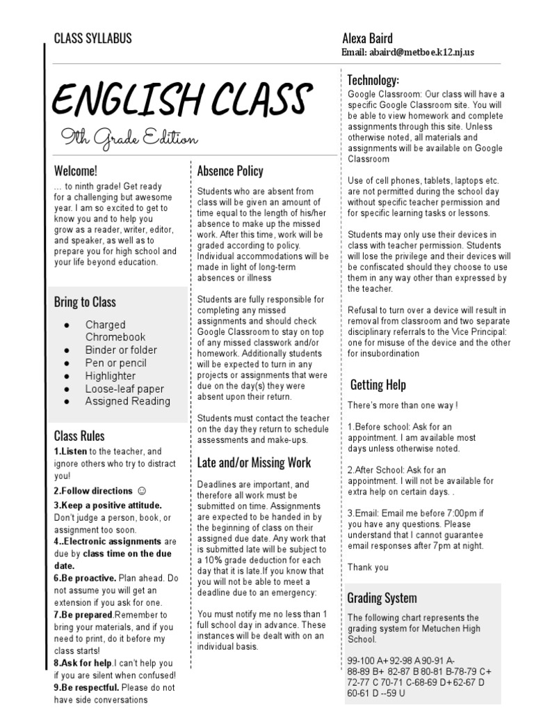 9th Grade English Class Syllabus | PDF | Teachers | Cognition