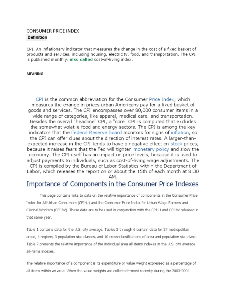 Importance of Components in The Consumer Price Indexes PDF Index