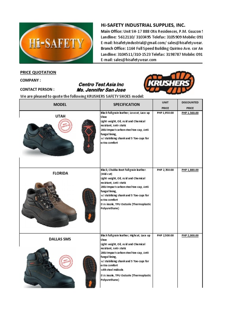 HiSafety Industrial Supplies, Inc. Price Quotation Centro Test Asia Inc Ms. Jennifer San Jose