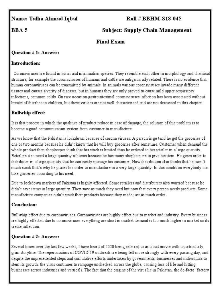 Name Talha Ahmad Iqbal Roll BBHMS18045 Bba 5 Subject Supply Chain