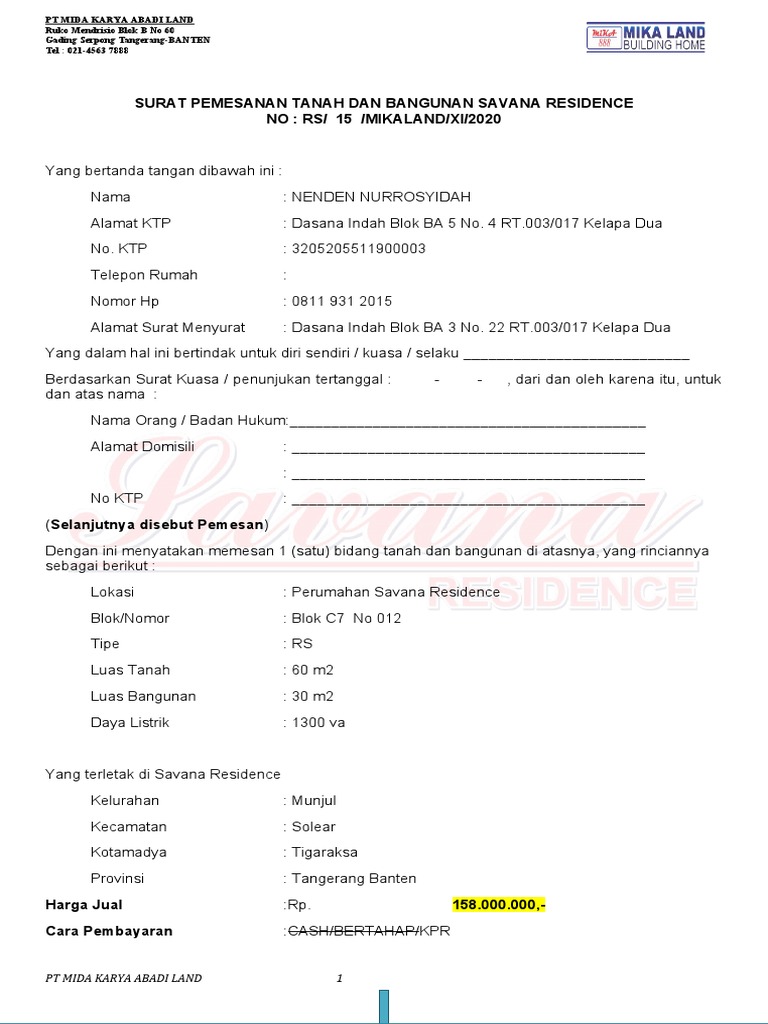 Surat Pemesanan Rumah Subsidi Savana | PDF