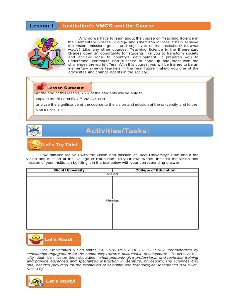 Lesson 1 VMGO and The Course 1 | PDF | Science Education | Science ...
