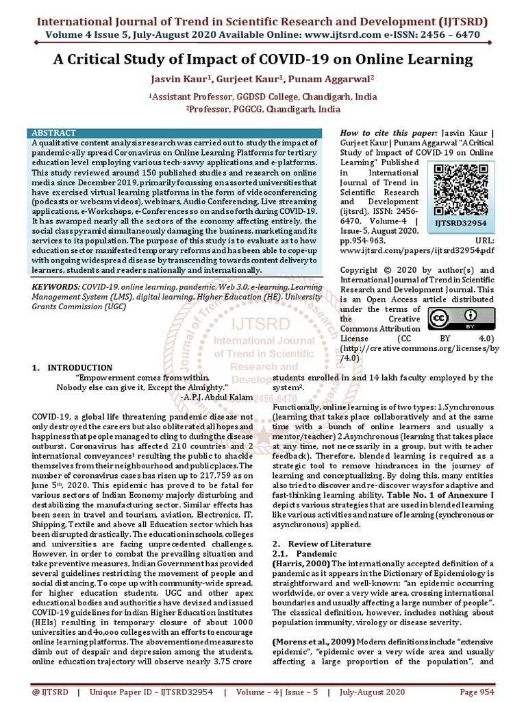 A Critical Study of Impact of COVID 19 On Online Learning | PDF ...