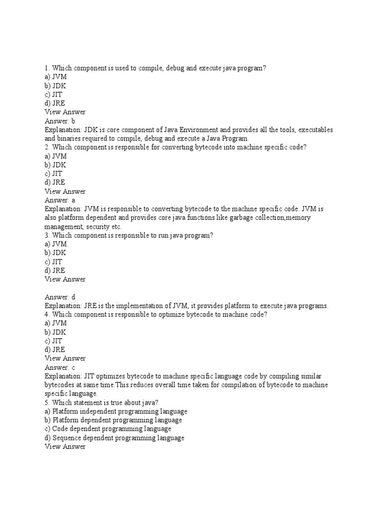 JAVA MCQ1with Answers PDF Java Virtual Machine Systems Engineering