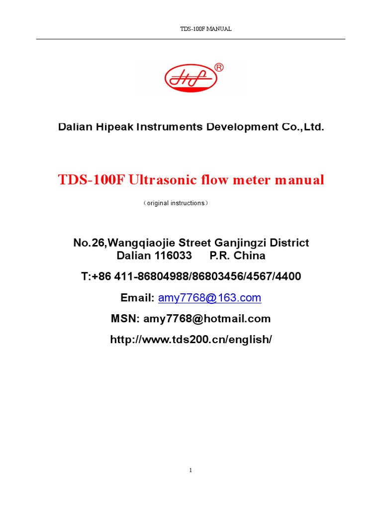 TDS-100F Ultrasonic Flow Meter Manual | PDF | Flow Measurement | Pipe ...
