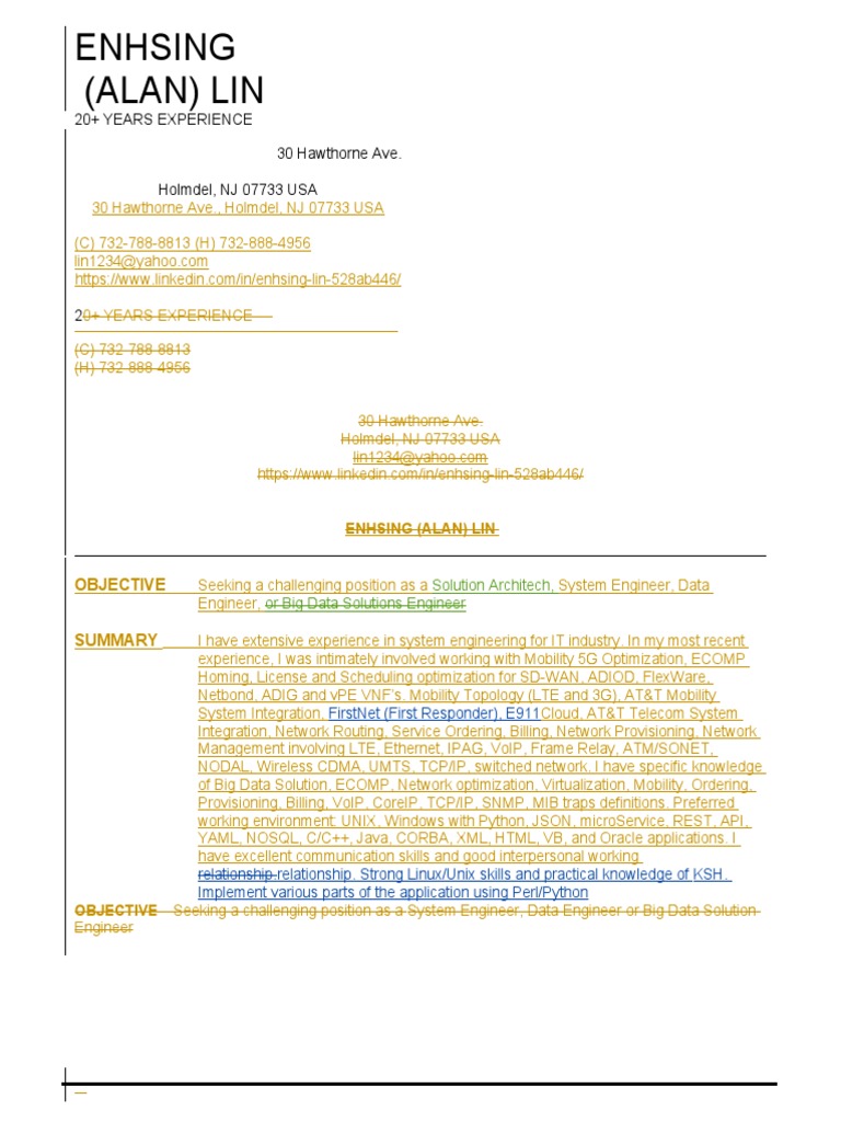 Enhsing (Alan) Lin 20+ Years Experience 30 Hawthorne Ave. Holmdel, NJ