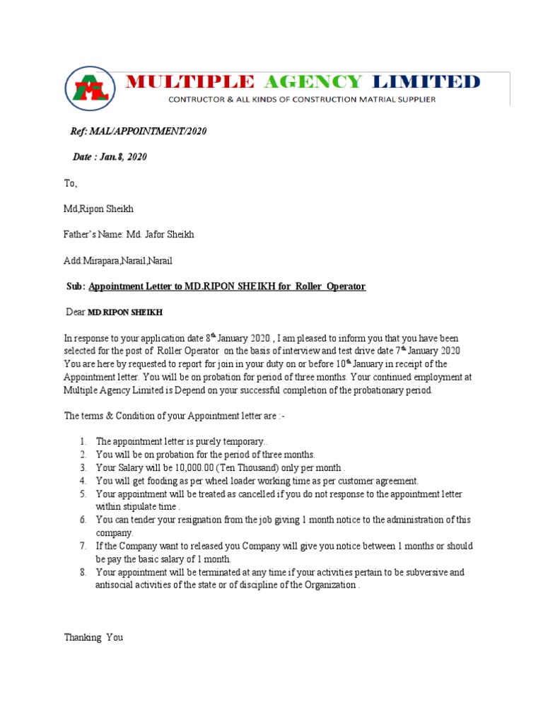 Appointment Letter for Roller Operator | PDF