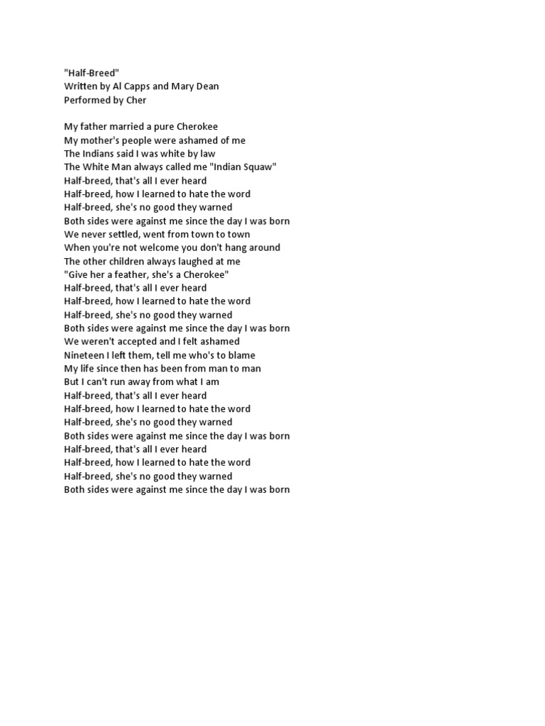 HalfBreed Lyrics PDF