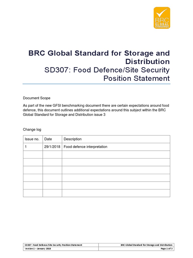 SD307 - BRC Storage and Distribution Food Defence and Site Security v1 ...