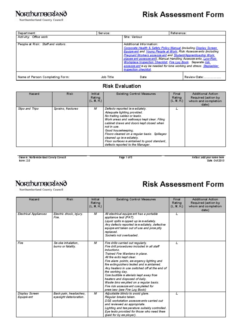 Office Risk Assessment Template | PDF | Ladder | Fires
