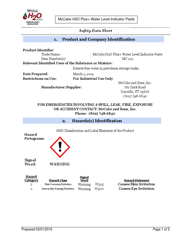Mccabe H2o Plus Water Level Indicator Paste Msds 1 PDF Firefighting Breathing