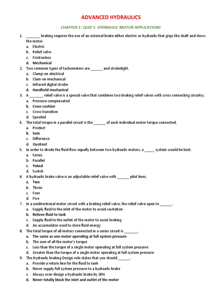 Advanced Hydraulics Chapter 1 Quiz 1Hydraulic Motor Applications PDF Pump Electric Motor