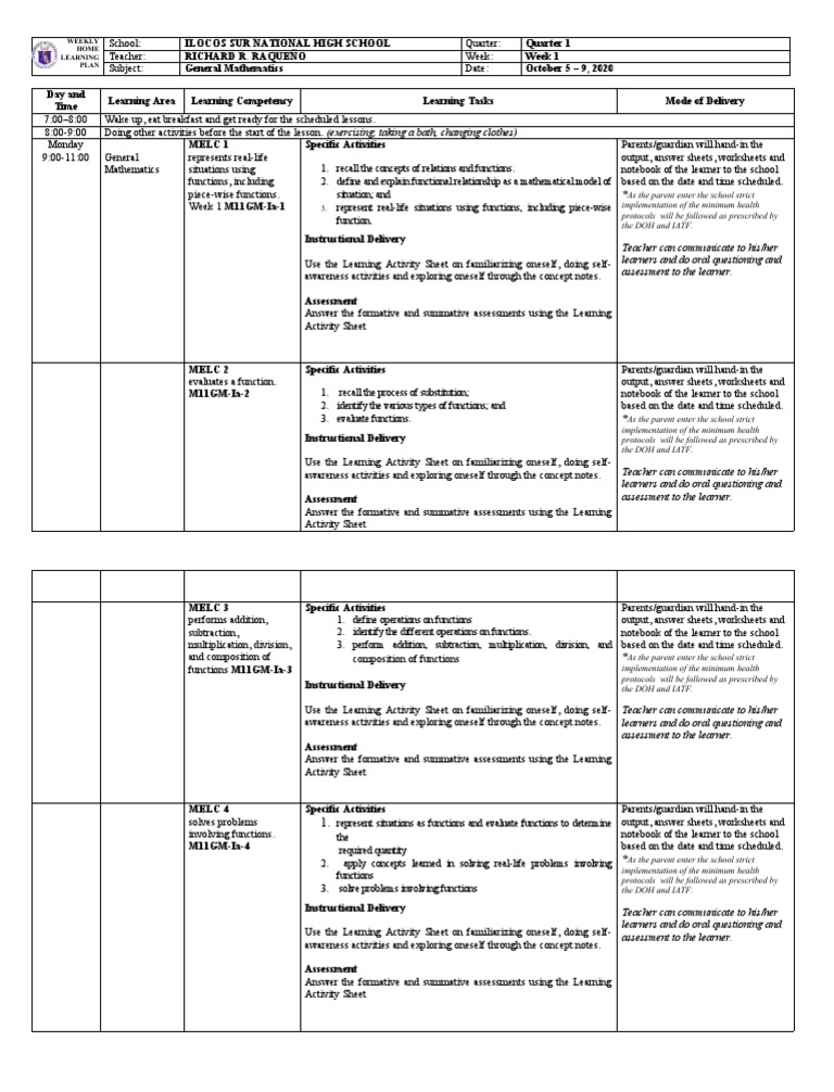 Weekly General Mathematics Plan | PDF | Education Theory | Learning