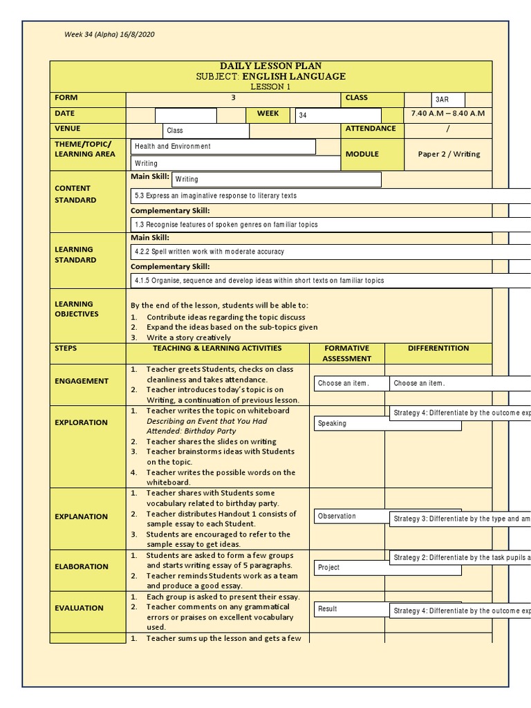 Subject: English Language: Daily Lesson Plan | PDF | Essays | Teachers