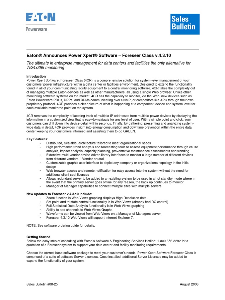 Eaton® Announces Power Xpert® Software Foreseer Class v.4.3.10