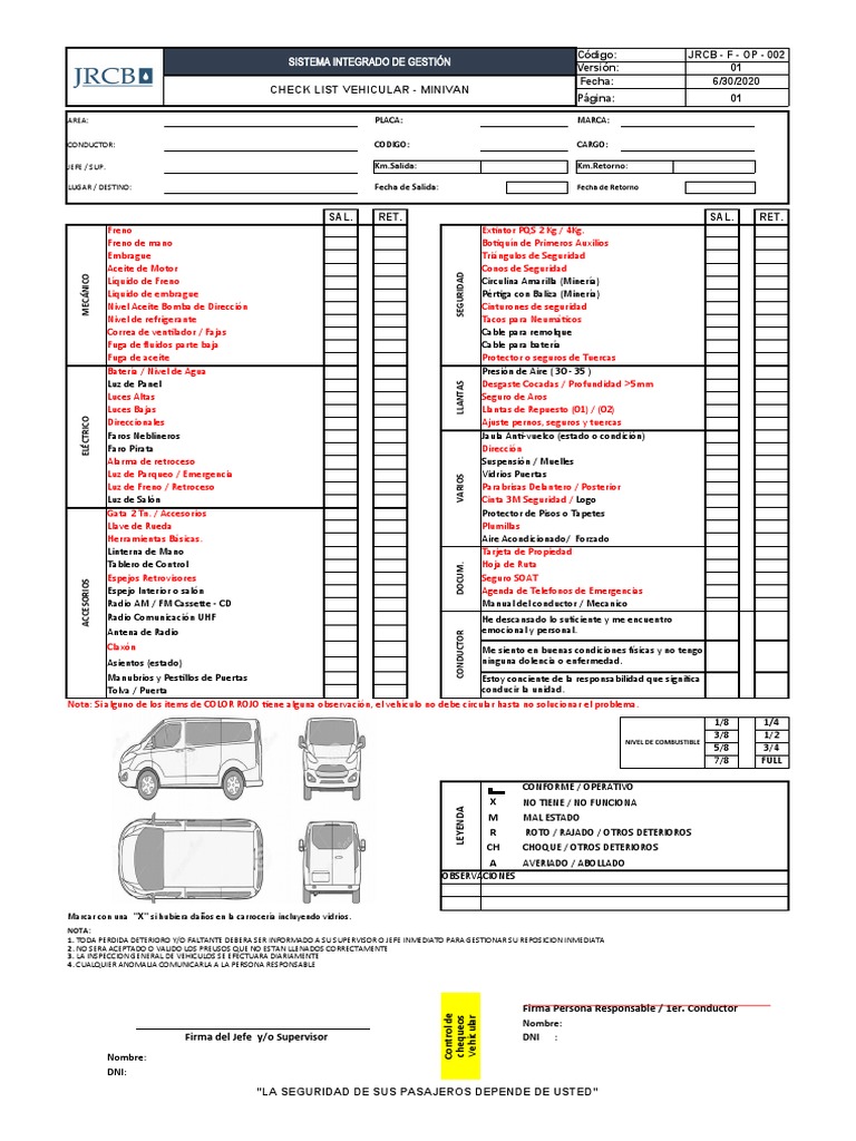 Check List Vehicular para Minivan | PDF | Vehículos | Vehículo de motor