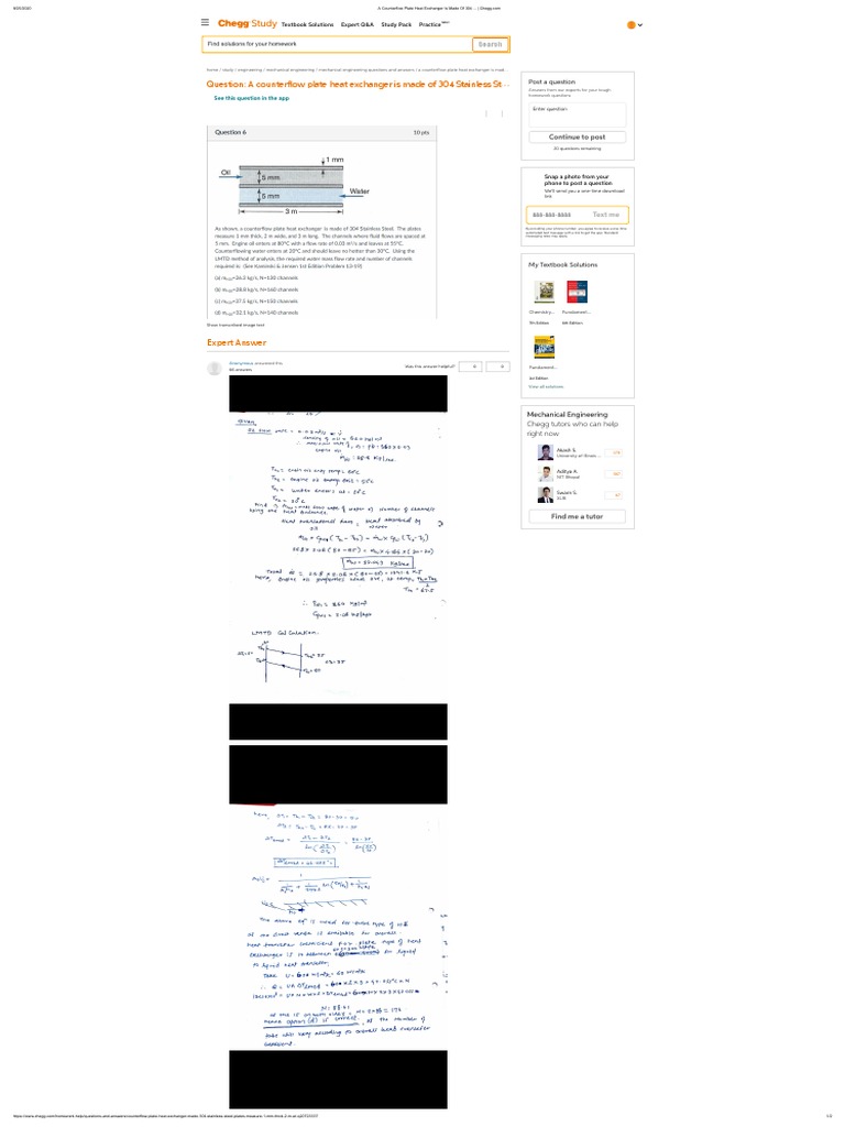 Question A Counter Ow Plate Heat Exchanger Is Made of 304 Stainless ST