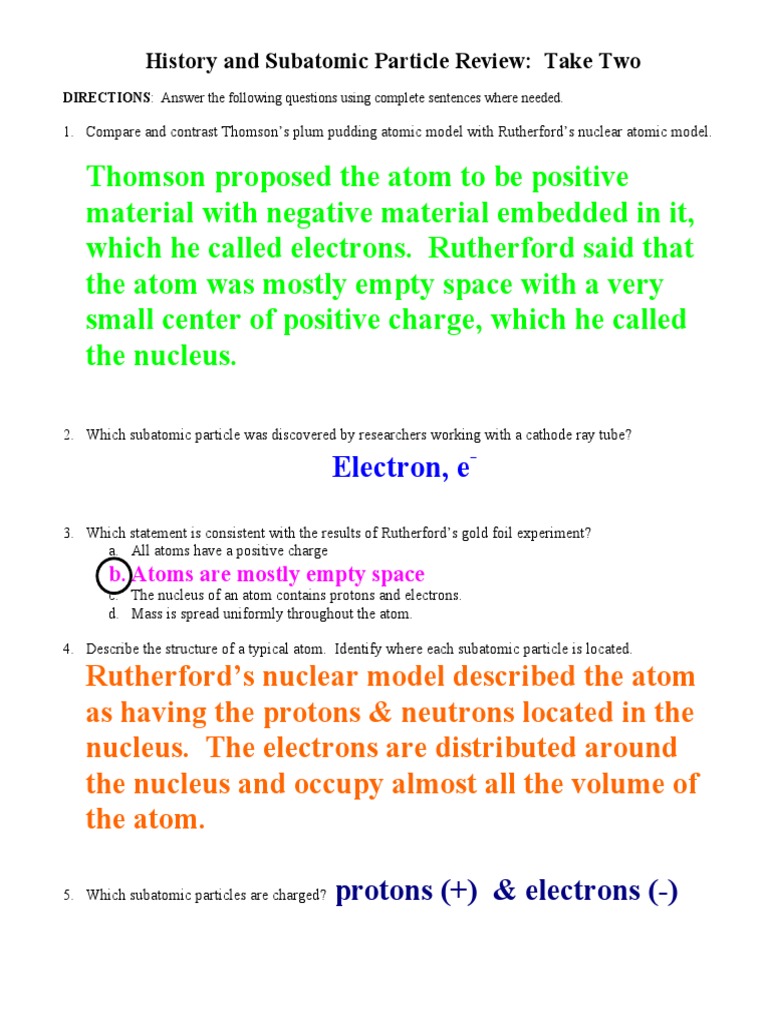 History and Subatomic Particle Review Take Two KEY  PDF  Atoms Throughout Subatomic Particle Worksheet Answers