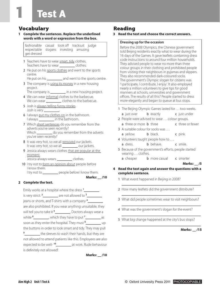 Aim High 2 Unit 1 Vocabulary Test | PDF | Clothing