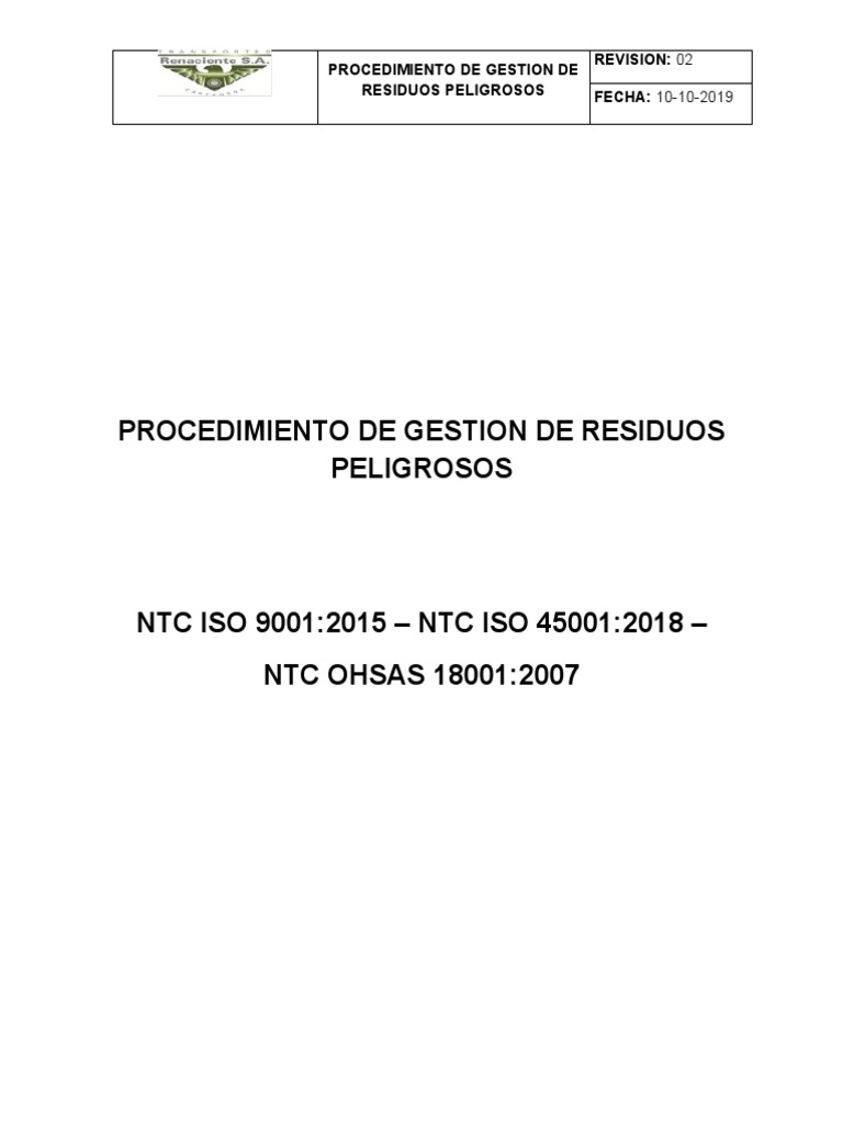 Procedimiento Gestion de Residuos Peligrosos Descargar gratis PDF