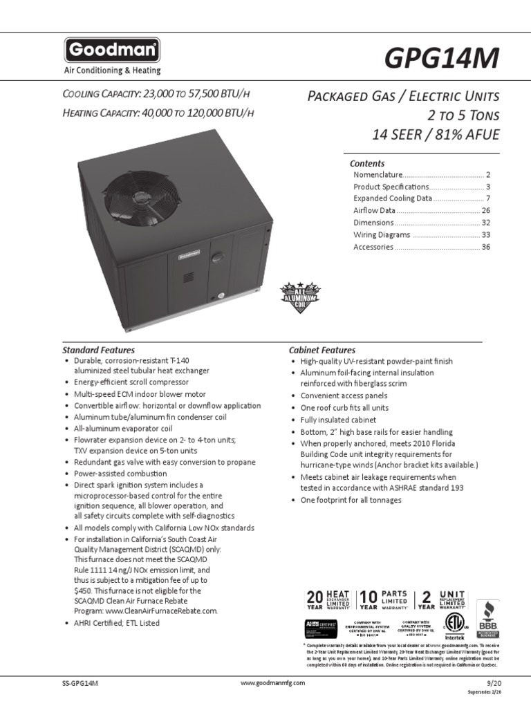 2020 Goodman HVAC Specs PDF Fuse (Electrical) Heat Exchanger