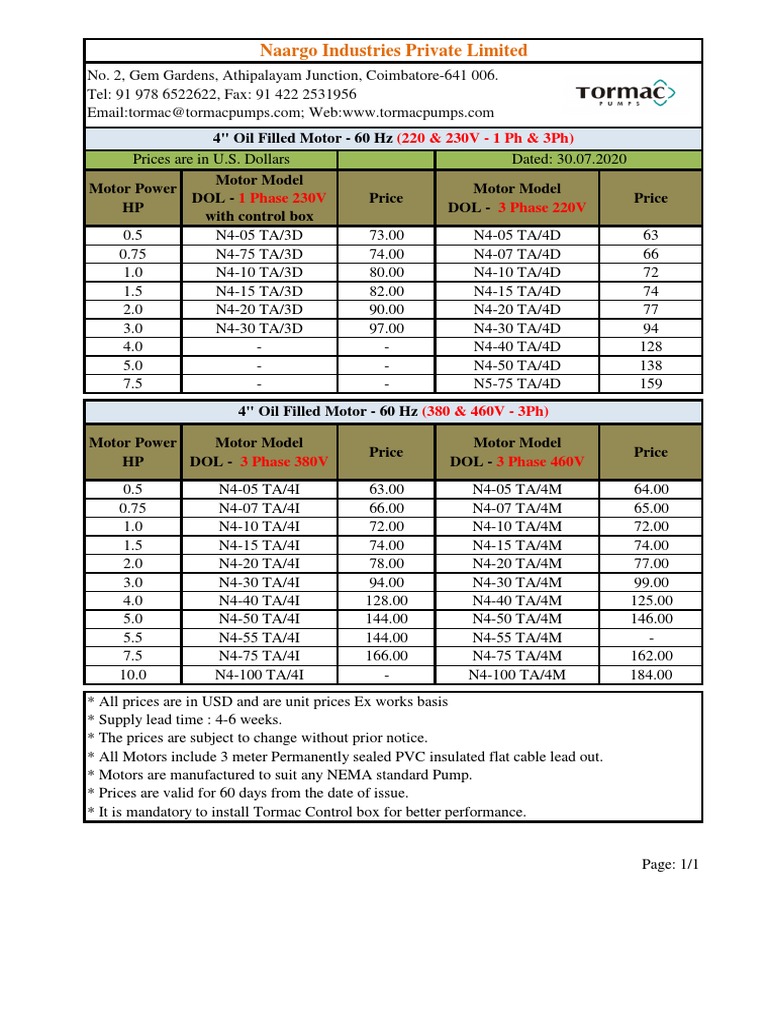 Tormac 1 HP Motor Pricing Details | PDF | Manufactured Goods | Electricity
