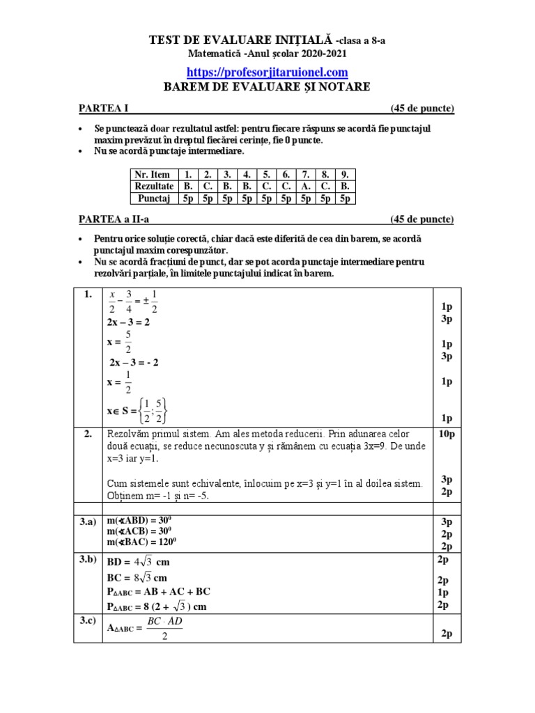 Rezolvare Barem de Corectare Test Initial Matematica Clasa A 8 A An ...