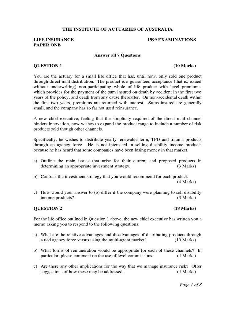 1999 Life Insurance Exam Questions | PDF | Insurance | Actuary