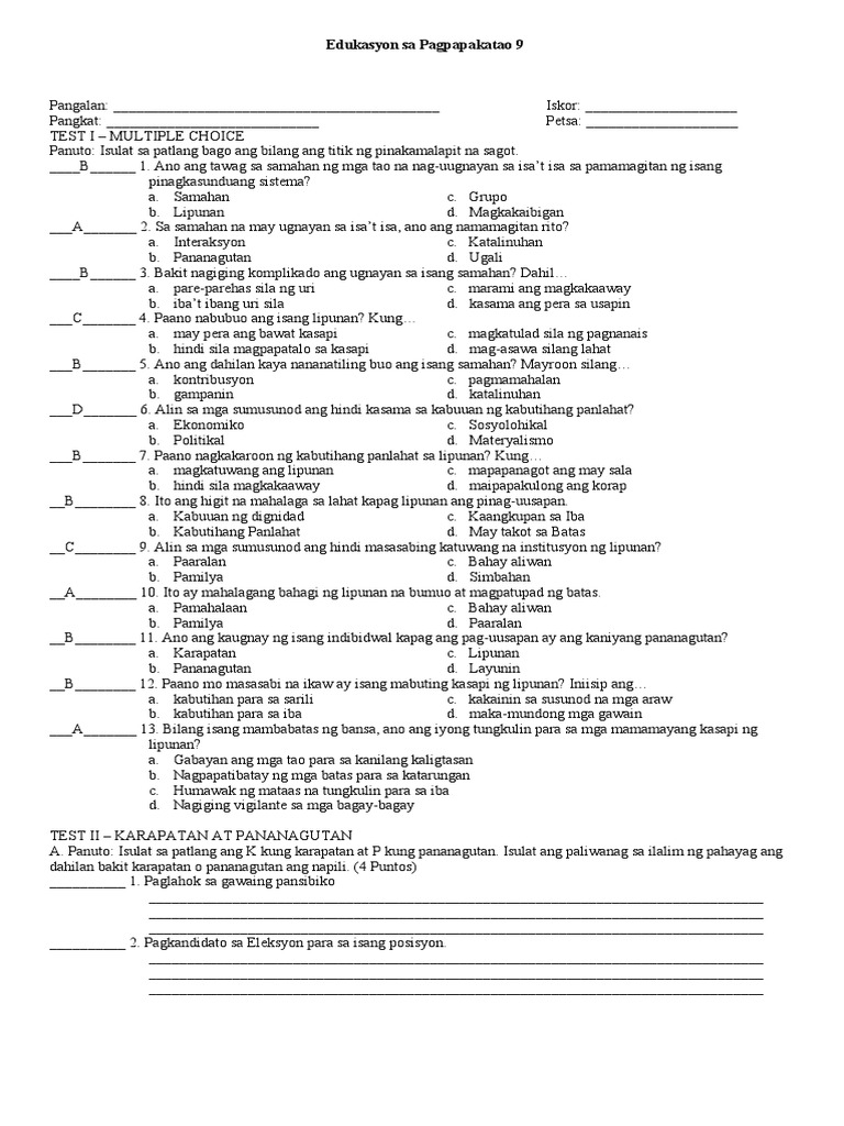 Esp 9 4TH Quarter Exam | PDF
