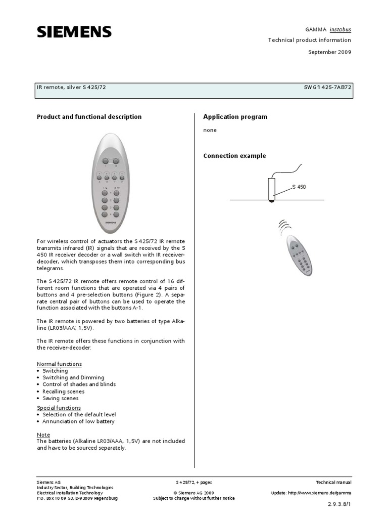 Siemens IrKnx Remote Control 5WG1 4257ab72 PDF Infrared