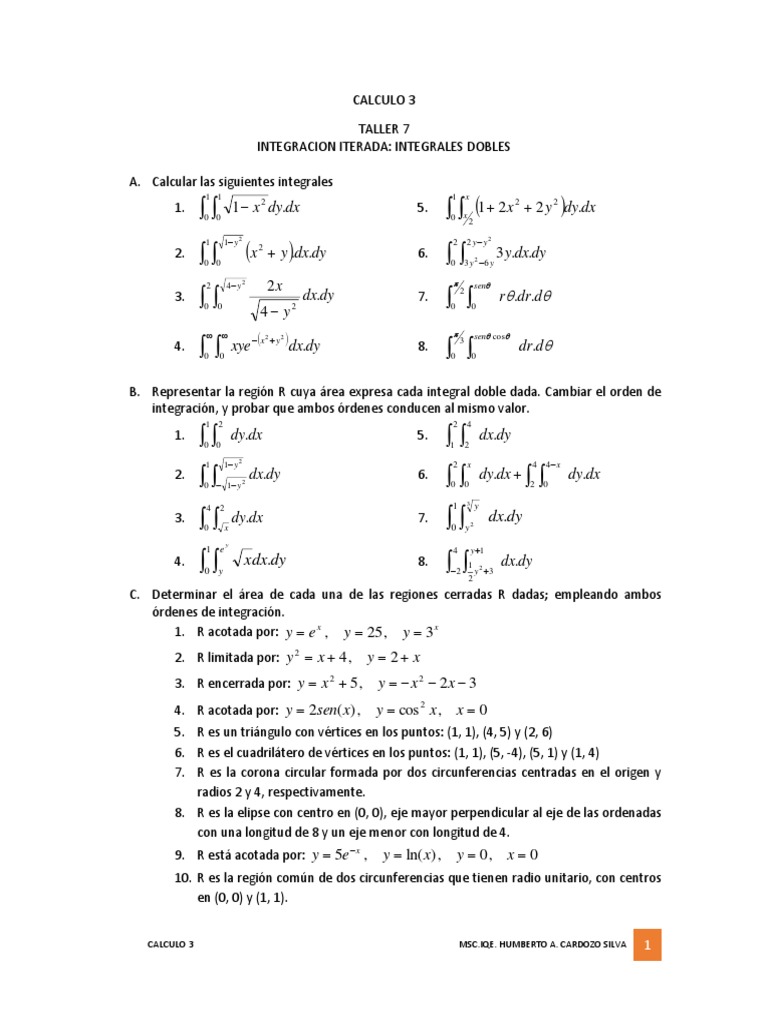 Calculo 3. Taller 7. Integración Iterada. Integrales Dobles | PDF ...