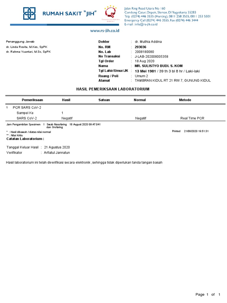 Hasil Lab PCR SARS CoV-2 Negatif | PDF
