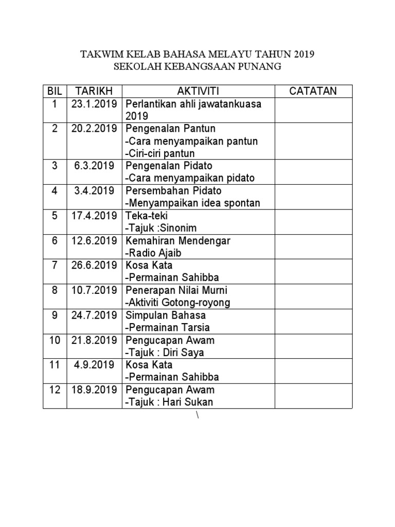 Takwim Kelab Bahasa Melayu Tahun 2019 | PDF